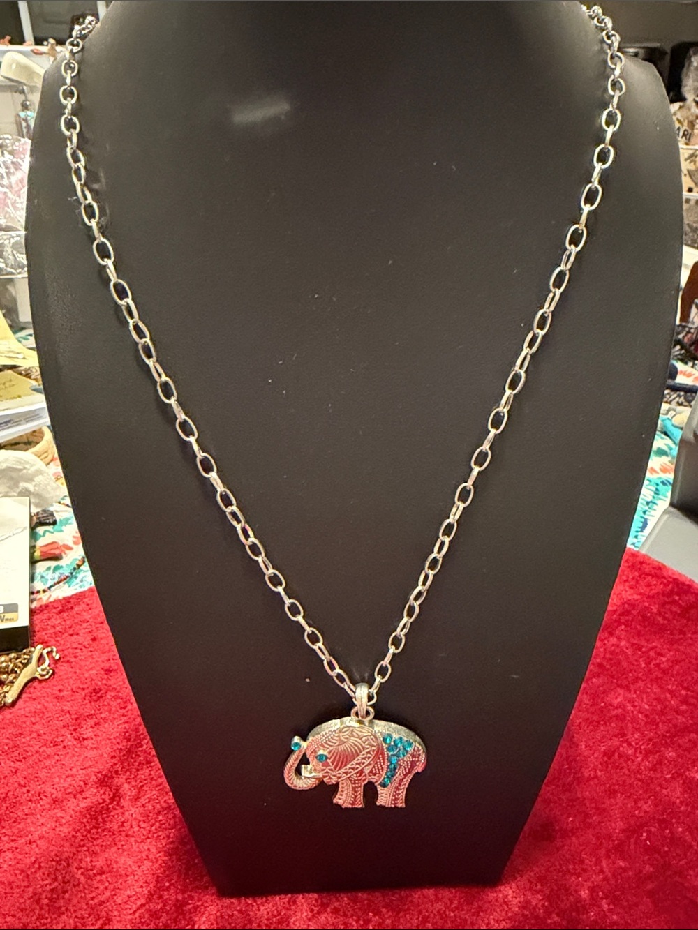 NEW Silver Elephant Pendant Necklace with Turquoise Accents 26” over the head